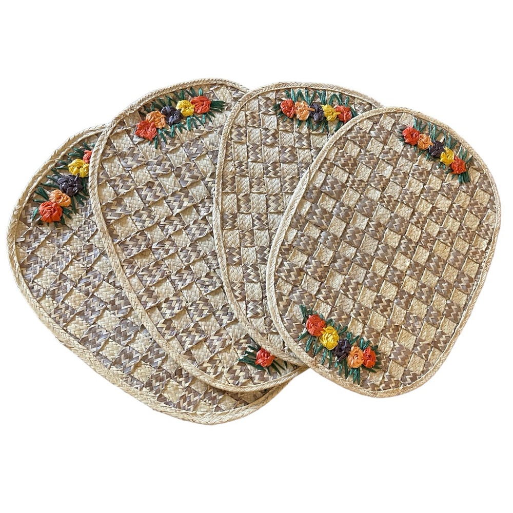 4 Large Rattan Wicker oval placemats floral flower boho flowers‎ table mats